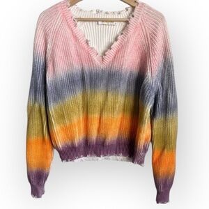 Distressed V-Neck Ombre Stripe Sweater - Pink Multicolor